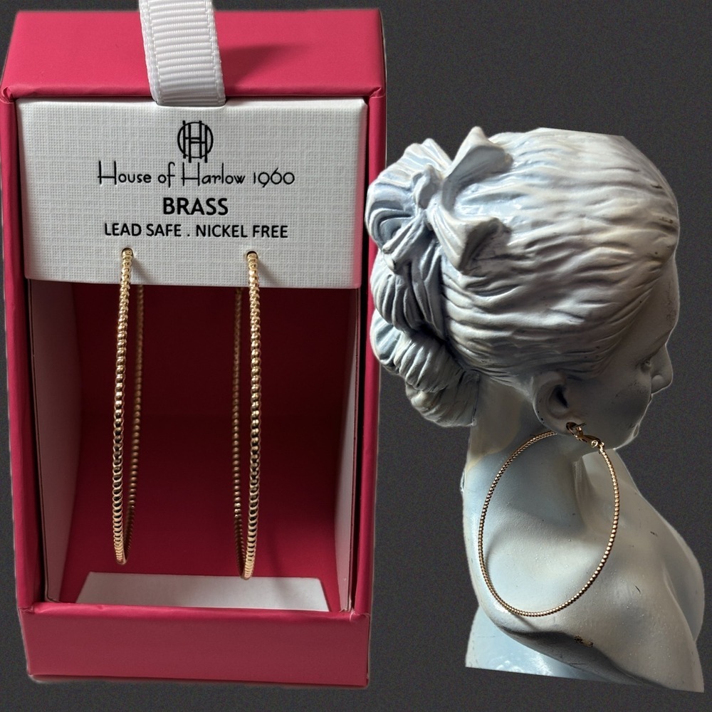 House of Harlow 1960 Gold-Tone Brass Textured Large Hoop Earrings New in Box